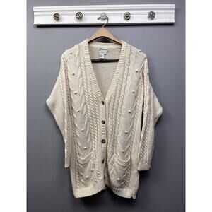 Vintage Statements Fisherman Cable‎ Cardigan Womens Medium Ivory Cream pockets